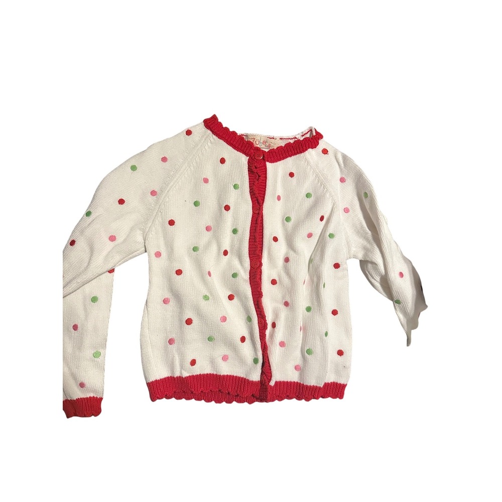 Zubels Kids Cardigan Size 5Y White Red Gree Holiday Polka Dot Ruffle Trim Cotton